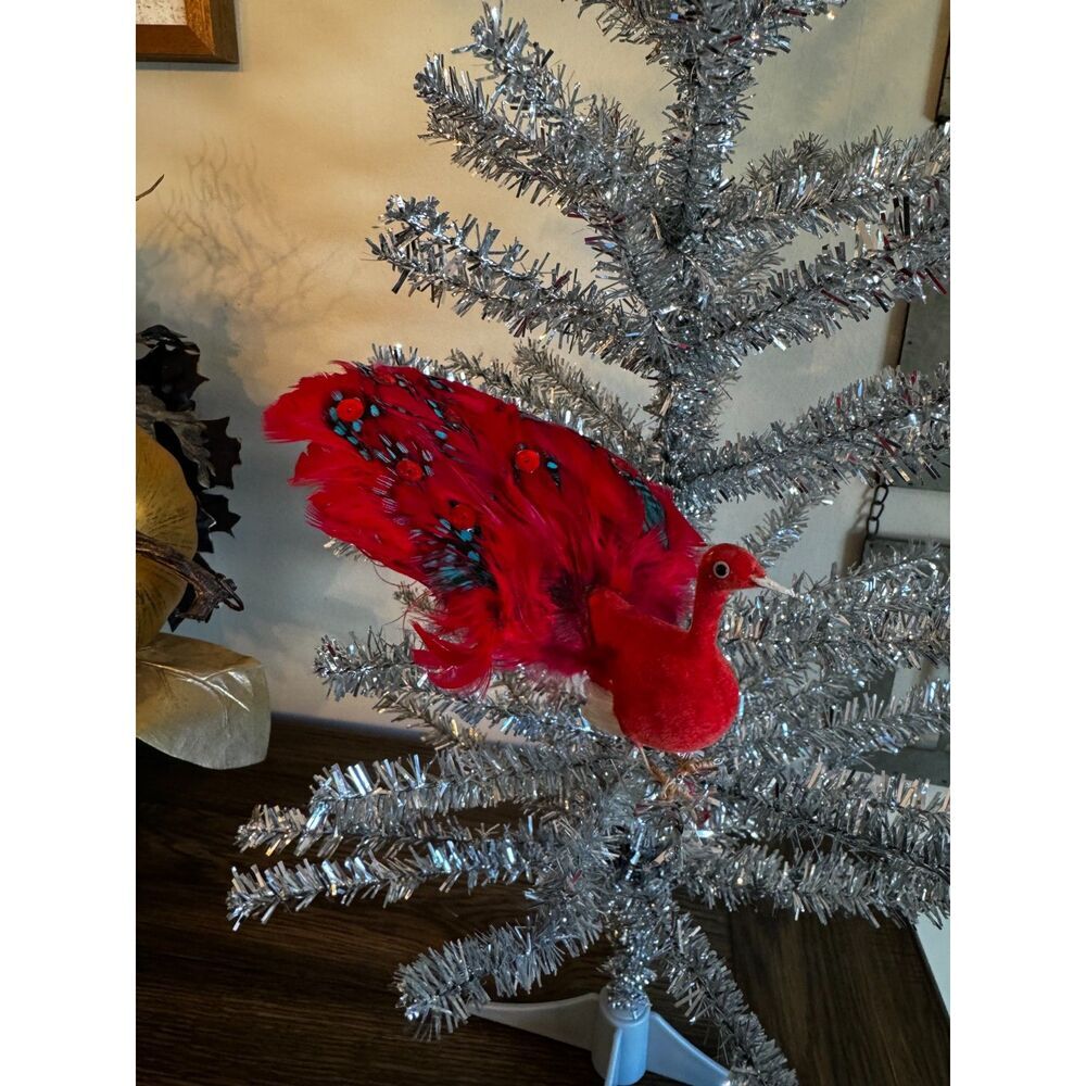 Gorgeous antique Christmas bird ornament felt peacock with tail feathers